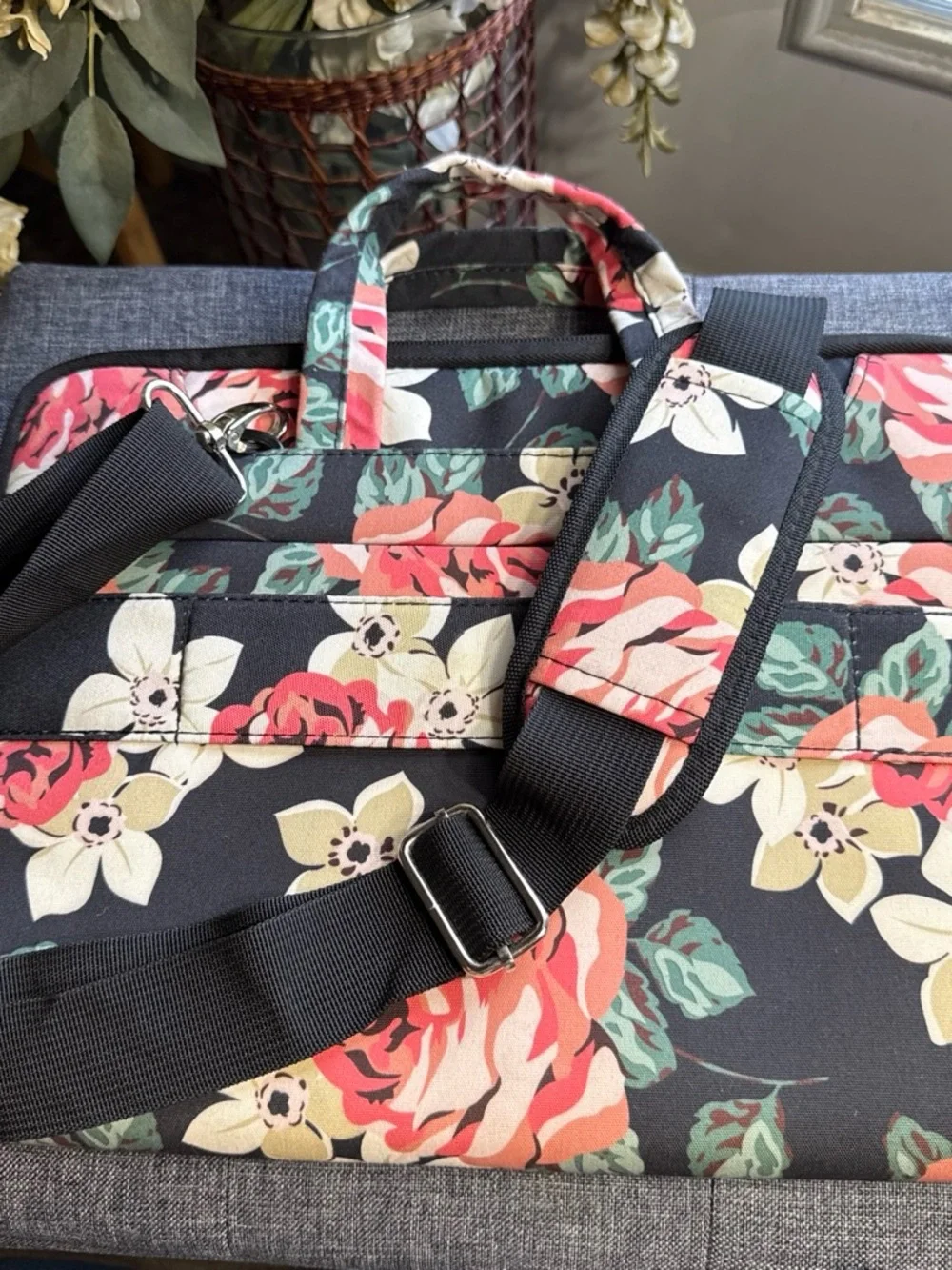 Mossio Black Floral Laptop Bag with Pink Rose Print